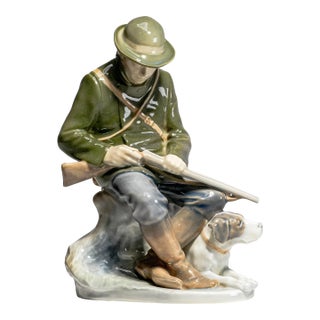 Vintage Royal Copenhagen Denmark Hand Painted Hunter With Dog Porcelain Figurine Christian Thomsen Sporting Country Home Decor For Sale