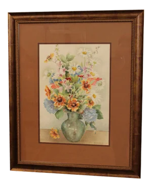 M. Herdt Original Water Color Painting Still Life, Flowers in Vase