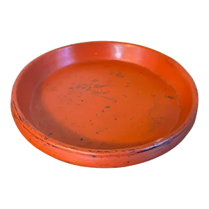 Antique 19th Century Chinese Scarlet Red Lacquer Carved Wood Footed Round Plateau Tray or Low Bowl
