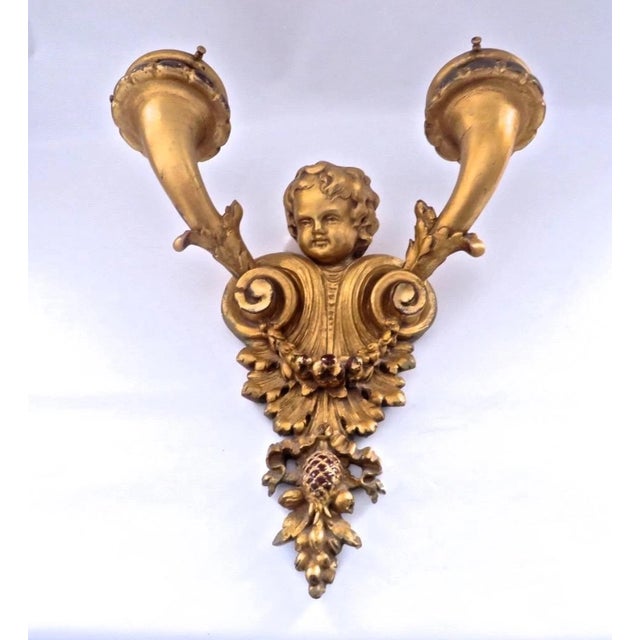French 19thc French Louis XV Carved & Gilt Wood Putto/ Cherub Double Wall Sconces Electrified a - Pair For Sale - Image 3 of 13