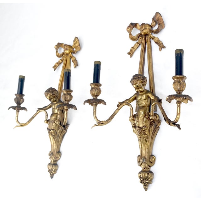 19th Century Pair Antique Gilt Bronze Two-Light Wall Sconce w/ Cherub Louis XVI Style NICE For Sale - Image 5 of 12