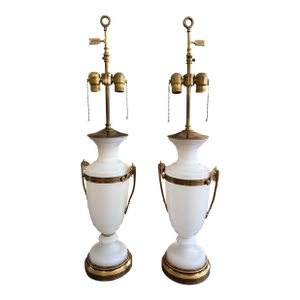 Mid-Century Warren Kessler White Opaline and Bronze Urn Style Table Lamps, a Pair