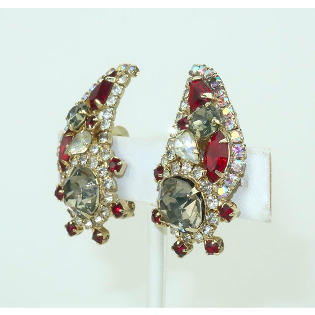 Metal Hobé Paisley Style Ruby Red Rhinestone Earrings, 1950's For Sale - Image 7 of 9