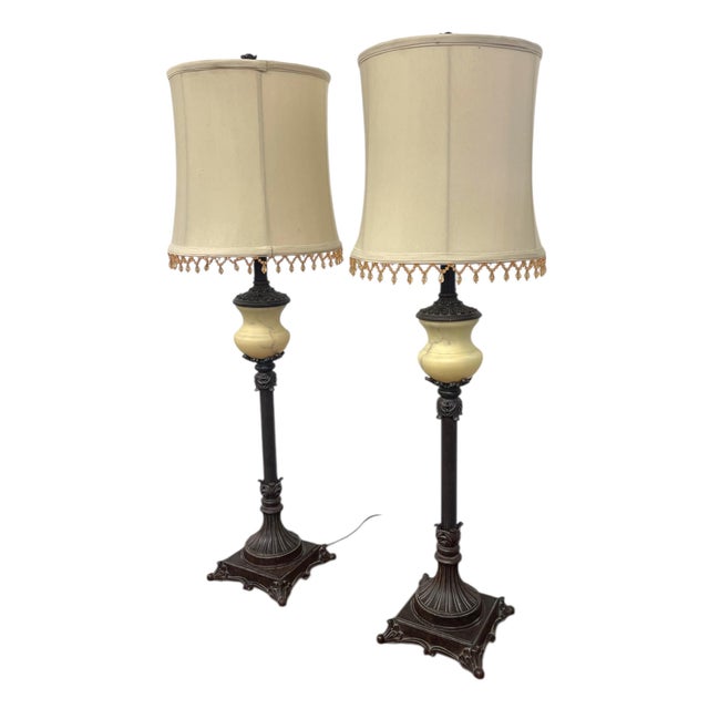 1970s Pair of Vintage Neoclassical Table Lamps With Ornate Metal Bases and Fabric Shades For Sale In Seattle - Image 6 of 11