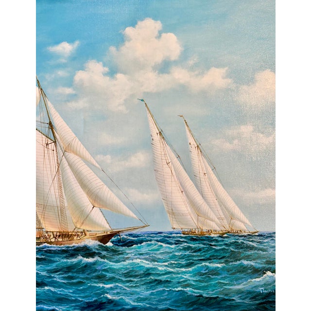 Original oil on canvas by Matt Thomas. Vibrant maritime painting depicting a classic yacht regatta with elegant schooners...