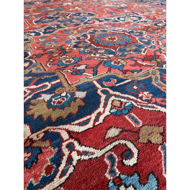 Textile Antique Persian Serapi Carpet Handmade Wool Oriental Rug, Red, Ivory, Light Blue For Sale - Image 7 of 18