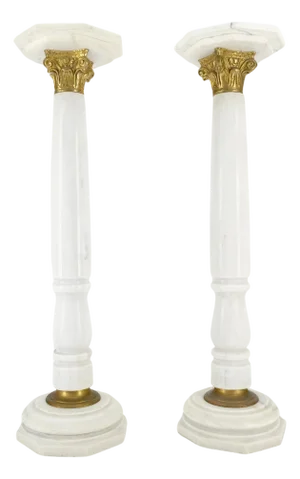 Pair Brass & Turned White Marble Bases Octagonal Tops Columns Pedestals