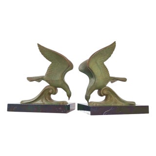 Vintage Seagull on a Wave Bookends in Marble and Metal, 1950s, Set of 2 For Sale