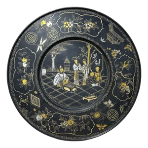 Chinoiseries Brown Lacquer Golden Graphic Wood Display Disc Art