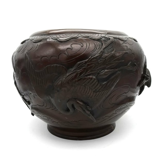 Large Japanese Meiji Bronze Planter with High Relief Cranes, 1890s For Sale - Image 6 of 18