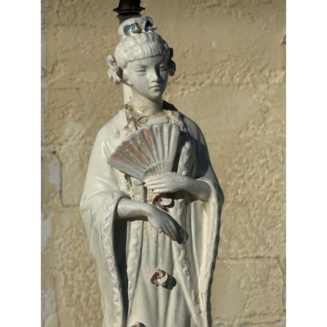 Ceramic 1940s Pair of Lamps White Porcelain Figurines With Custom Pinstriped Shades For Sale - Image 7 of 16