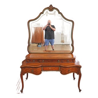 French Louis XV Style Walnut Inlaid Acid Etched Vanity Circa 1920's For Sale