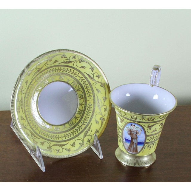 1990’s Vintage/New KPM Collectors Cup & Saucer Yellow Fond With Medallion Painting For Sale - Image 10 of 14
