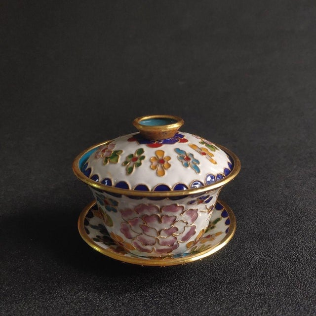 Chinese Vintage Chinese Cloisonné Enamel Floral "Three-Piece" Tea Bowl Set (Gaiwan) For Sale - Image 3 of 6