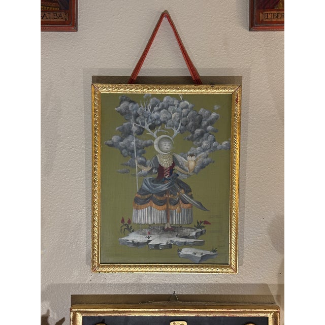 Gustavian Style Allegorical Oil in Wood Painting of “The Lady Moon” With Gilt Border For Sale - Image 9 of 11
