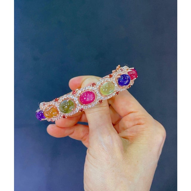 Bochic “Capri” Red Ruby & Multi Color Sapphires Bangle Set In 18K Gold & Silver For Sale - Image 10 of 12