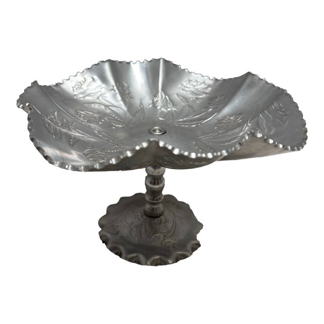 Midcentury Floral Rose Etched Metal Pedestal Tray For Sale