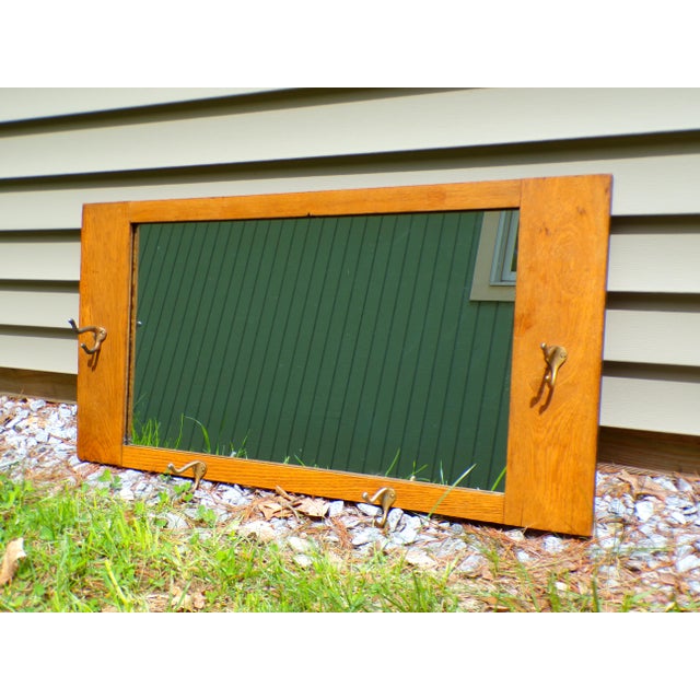 Brown Mission Arts & Crafts Solid Oak Framed Entry Mirror Hat Coat Rack For Sale - Image 8 of 13