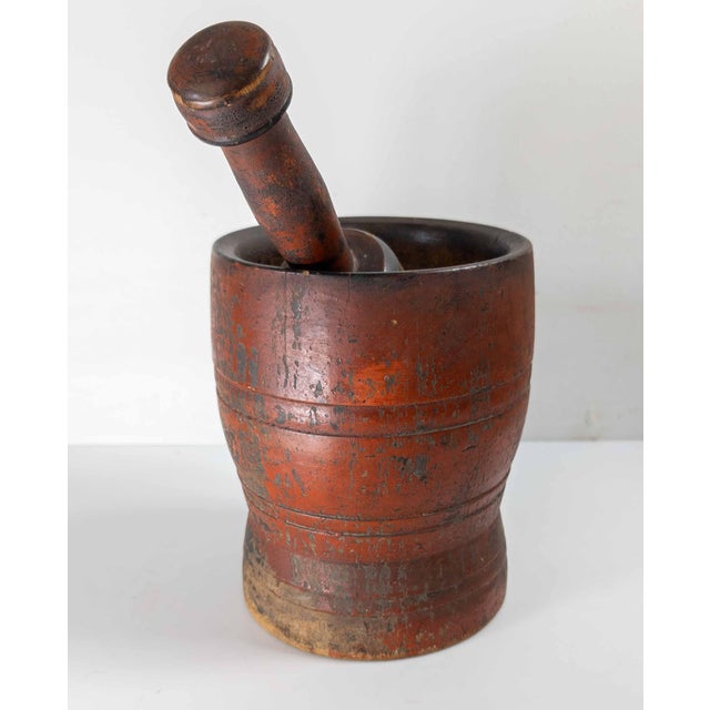 Farmhouse 19th Century American Primitive Mortar and Pestle in Old Red Paint For Sale - Image 3 of 14