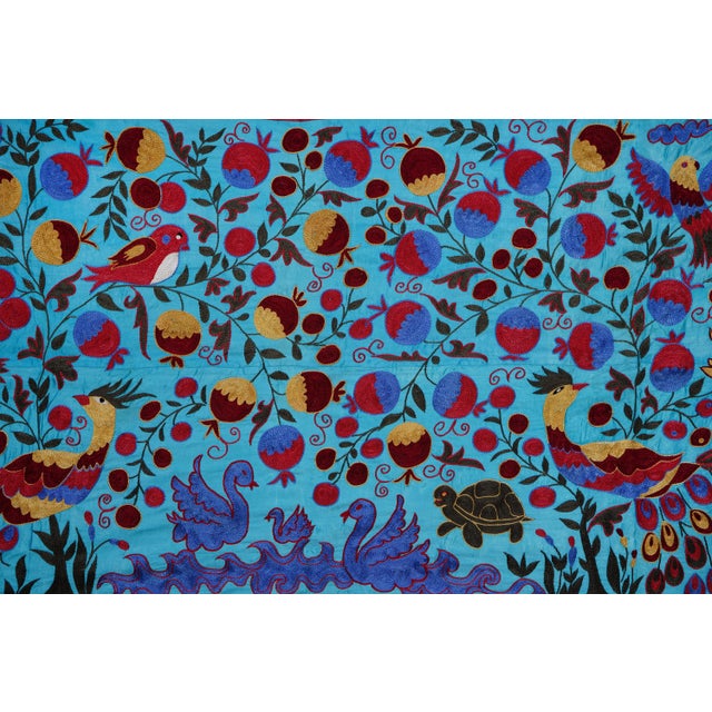 Blue Uzbek Suzani Textile – Peacock, Bird & Floral Motif Wall Art - Tapestry 3'4'' X 6 For Sale In New York - Image 6 of 13