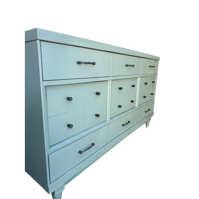 1960s Custom Refinished Mid-Century Modern Sage Green 12-Drawer Dresser With Frameless Mirror For Sale - Image 5 of 8