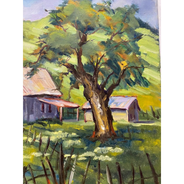 Textile Clifford Holmes Rolling Hills Country Landscape W/ Barn and Oak Tree C.1950 For Sale - Image 7 of 10