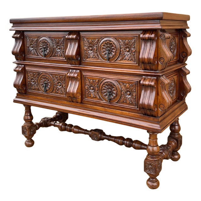 Spanish Baroque Style Carved Walnut Chest of Drawers, 1940s For Sale
