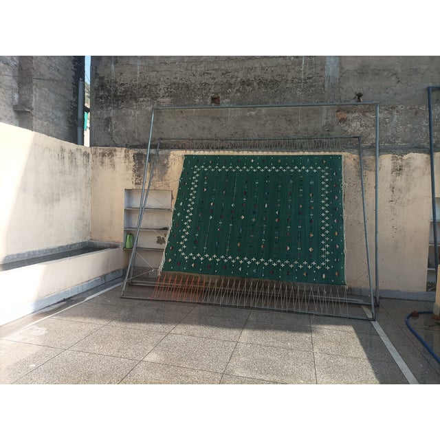Handmade Cotton Area Rug, Vegetable Dyed, Forest Green Shooting Star Dhurrie -5'x7' For Sale - Image 12 of 13