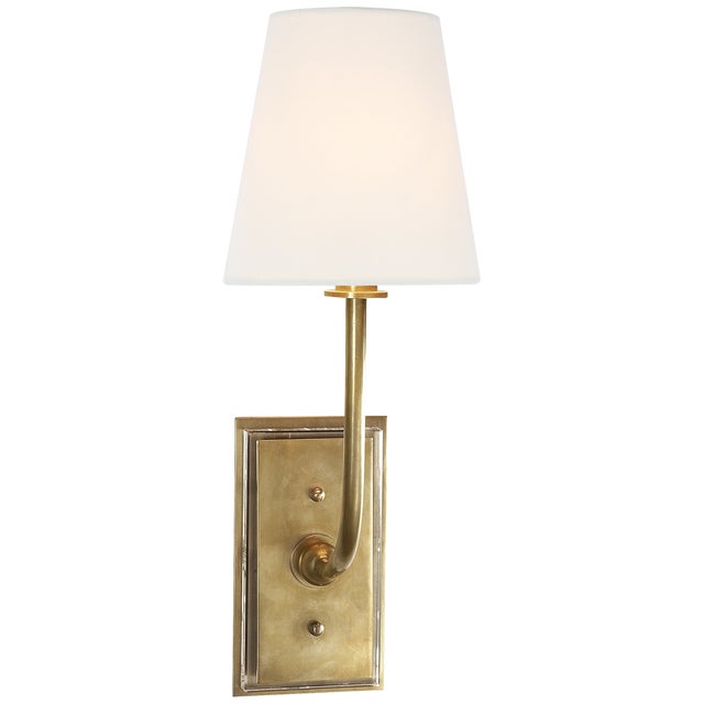 Thomas O'Brien for Visual Comfort Signature Hulton Sconce in Hand-Rubbed Antique Brass with Crystal Backplate with Linen Shade For Sale