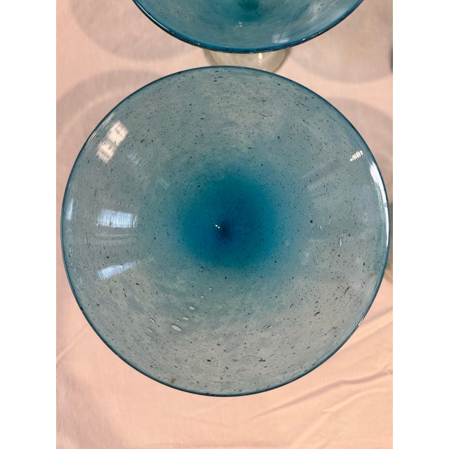 Crate and Barrel Calypso Aqua Blue Handblown Seeded Art Glass Clear Stem Martini/Dessert Glasses- Set of 4 For Sale In Dallas - Image 6 of 9