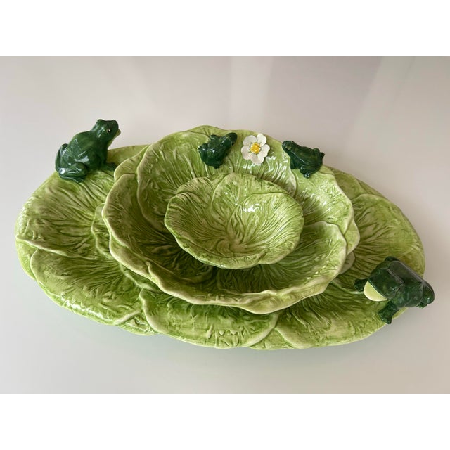 Adorable, Italian made, cabbage leaf, ceramic serving plate and bowls featuring little frog sculptures on side edges of...