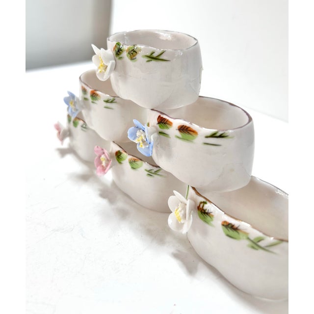 Shafford China Vintage Shafford Hand-Painted Porcelain Napkin Rings With Applied Flowers – Set of 6 Cottage Tabletop Decor For Sale - Image 4 of 12