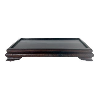 Large Antique Oriental Rectangular Wood Display Stand Inlaid With Silver Wire 15.5" X 9" For Sale