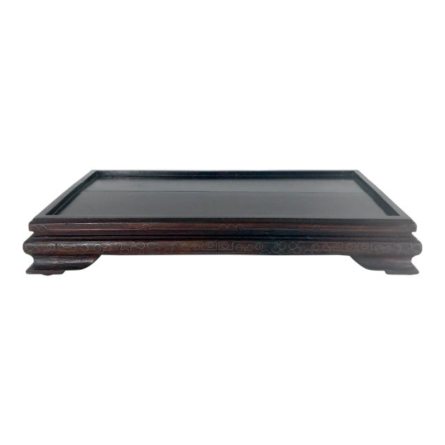 Large Antique Oriental Rectangular Wood Display Stand Inlaid With Silver Wire 15.5" X 9" For Sale