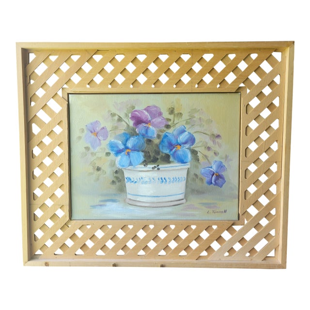 Vintage Raw Wood Lattice Framed Floral Oil Painting by L. Tunnell Ooak Cottage For Sale