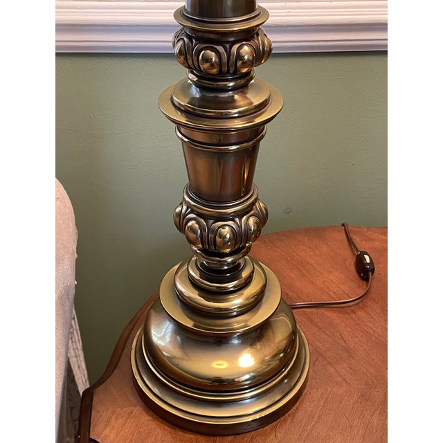 Metal Vintage MCM Stiffel Brass Torchiere Lamps With Diffuser Shades 38" - a Pair For Sale - Image 7 of 11