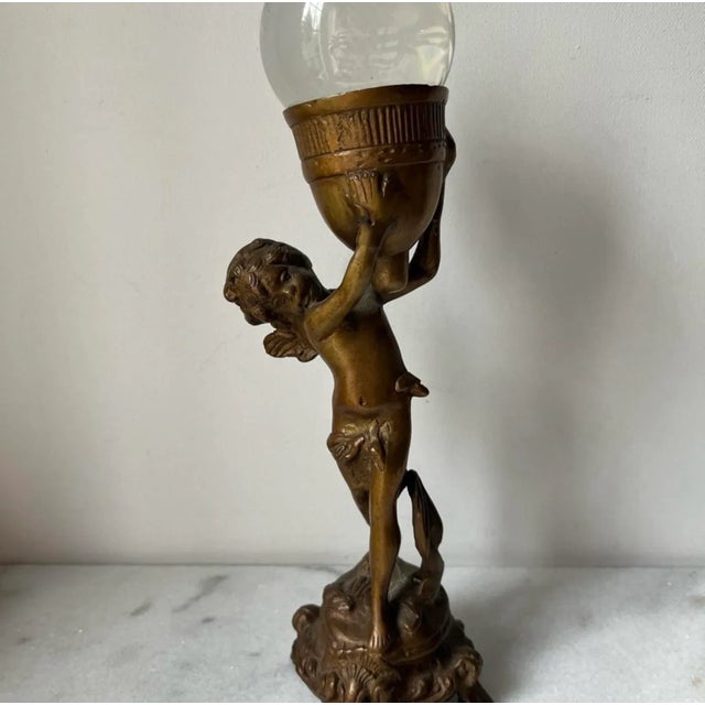 Metal Bronze Sculpture of a Cherub Holding an Urn. For Sale - Image 7 of 15