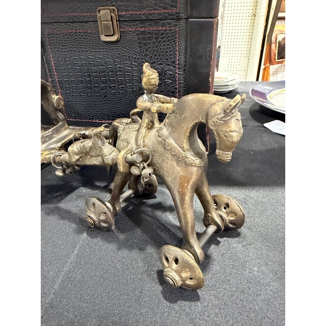 Indian Antique Bronze Indian Temple Chariot Horse Toy on Wheels ~ 8.5" / 2.75 LBS For Sale - Image 3 of 6