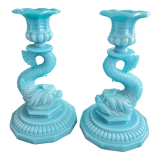 Mid 20th Century Blue Opaline Portieux Vallerysthal Koi Dragon Fish Candle Holders – A Pair For Sale