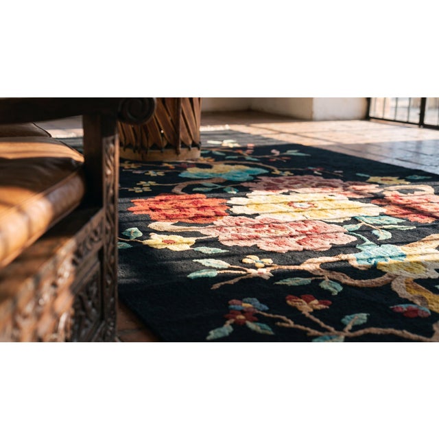 Marvelous Black Color and Lovely Multi Color Floral Desing Antique Chinese Art Deco Rug For Sale - Image 12 of 13