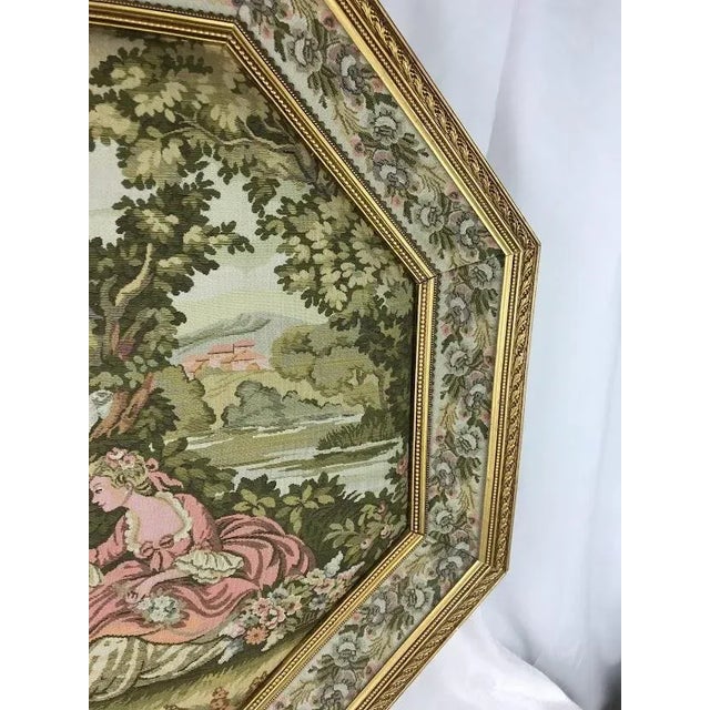 Vintage French Provincial Romantic Courting Couple Jacquard Woven Tapestry in Dimensional Octagon Gold Gilt Frame For Sale - Image 4 of 13