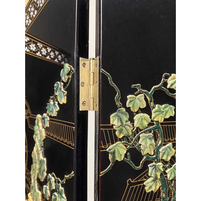 Vintage 20th-Century Chinese Black Lacquer 4-Panel Folding Screen – Carved Soapstone & Mother-of-Pearl Inlay by Tianshui Feitian For Sale - Image 4 of 8