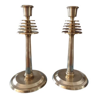 Vintage Memphis Style Brass Stacked Disc Candle Holders - a Pair For Sale