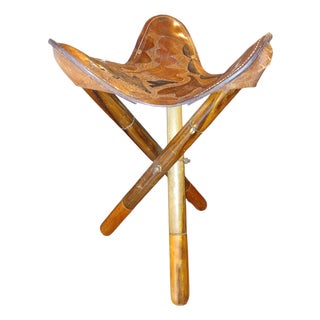 Bring Home a 1970s Character With This Vintage Leather Tripod Campaign Stool. For Sale