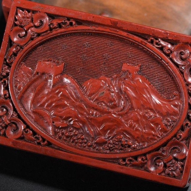 Chinoiserie Red Lacquer Document Box, Rectangular Relief Carved Landscape, Tabletop Decor For Sale In Los Angeles - Image 6 of 9