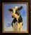 This oil on canvas painting features a striking black and white cow set against a vibrant blue background. The artist...