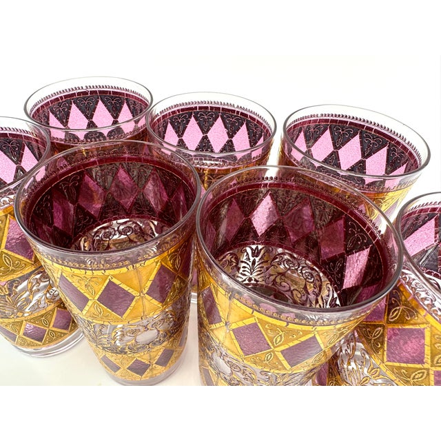 Mid Century West Virginia Glass Company Pink Highball, Regal Amethyst & 22k Gold Harlequin Motif- Set of 7 For Sale In Little Rock - Image 6 of 9