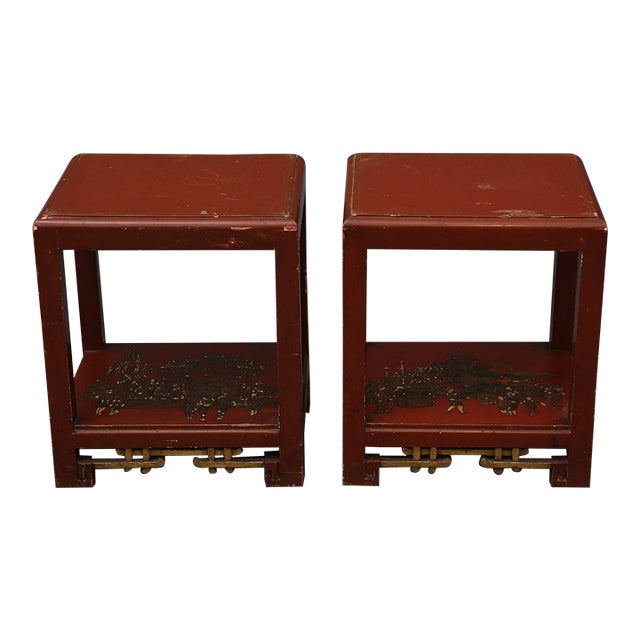 1950s A Pair of Porcelain, Lacquered Wood Side Tables For Sale