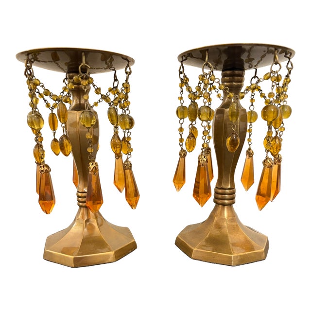 1970s Pair of Brass and Amber Prisms Candle Holders For Sale