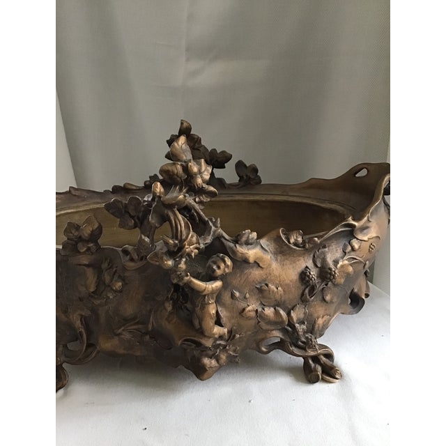 Art Nouveau Antique Art Nouveau Metal Jardinière Planter Centerpiece, Cupid & Berry Vining Motif, Signed De Meyer, Removable Liner Included For Sale - Image 3 of 12